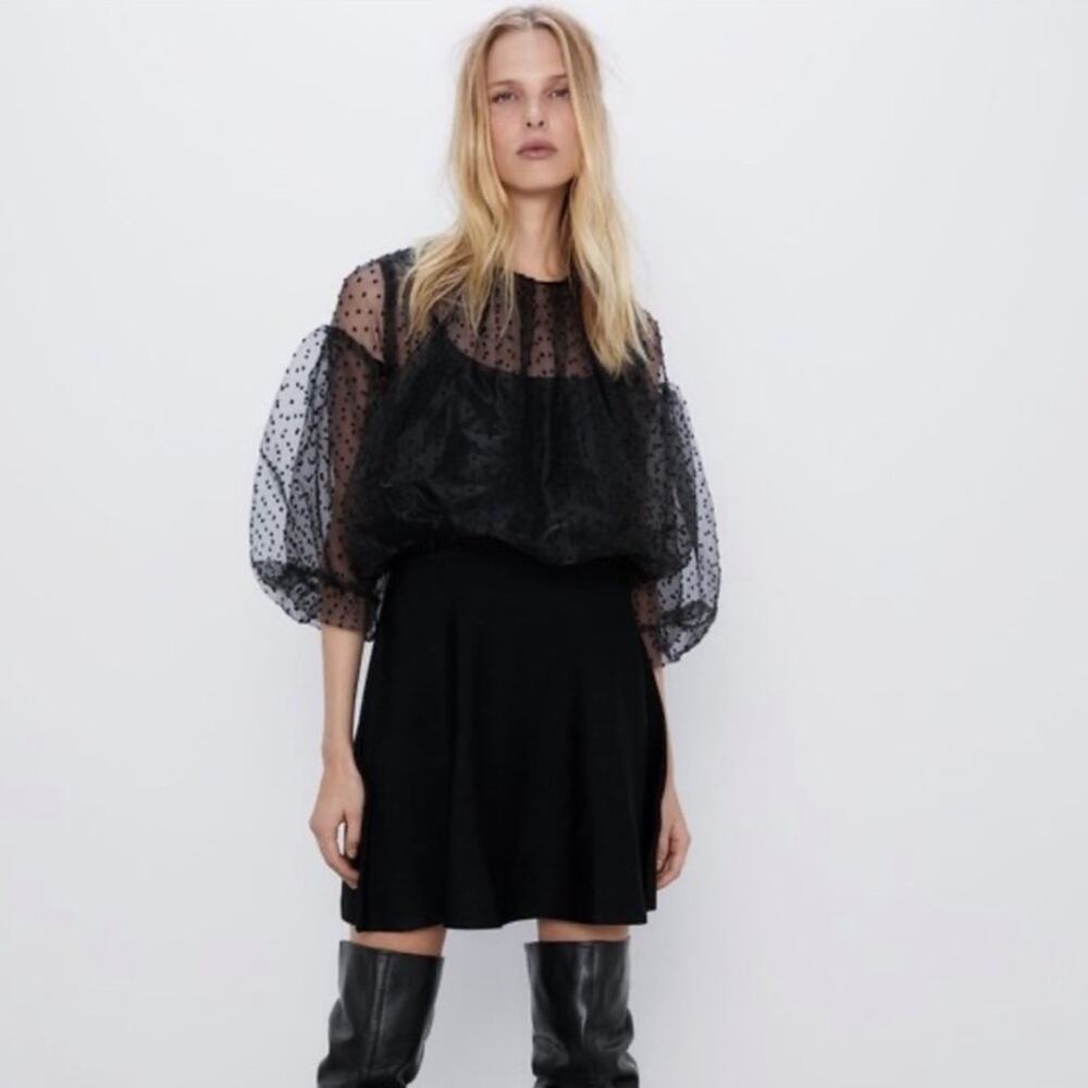Zara Black Mini Dress Puffy Sleeve Tulle Sheer Polka Dot Mesh Size Small